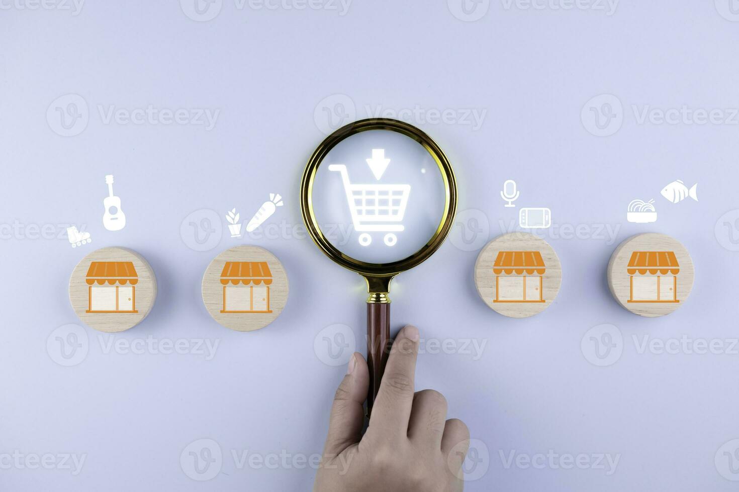 Magnifying glass focus with online shopping concept, marketplace website with virtual interface of online Shopping cart part of the network, Online shopping business with selecting shopping cart. photo