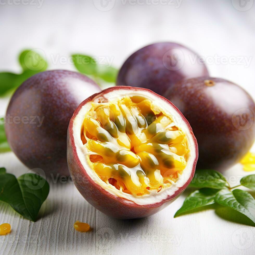 pasión Fruta en un ligero antecedentes. ai generativo foto