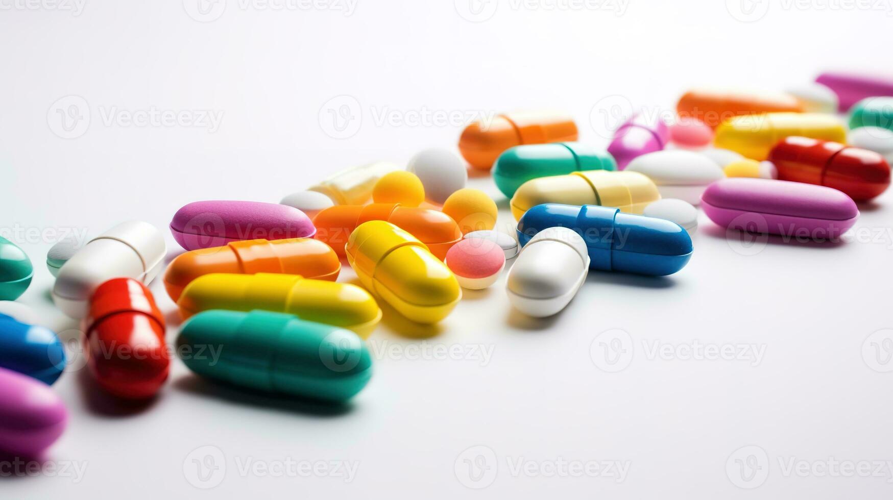 Multicolored pills on a white background. AI Generative photo