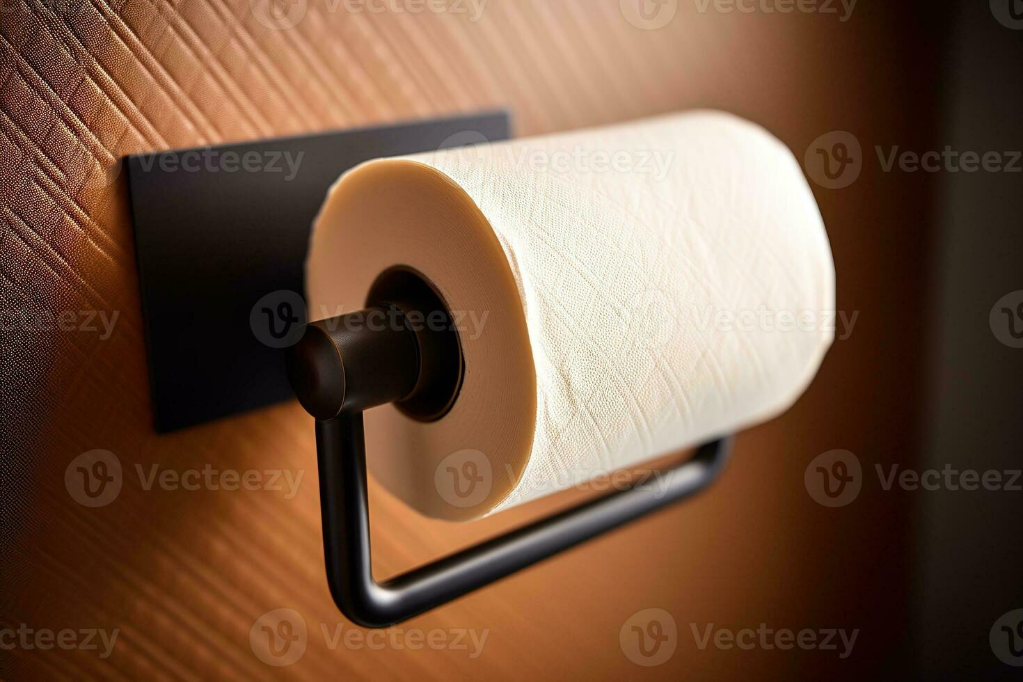 A close - up of a minimalist toilet paper holder, featuring a sleek metal design Generative AI photo