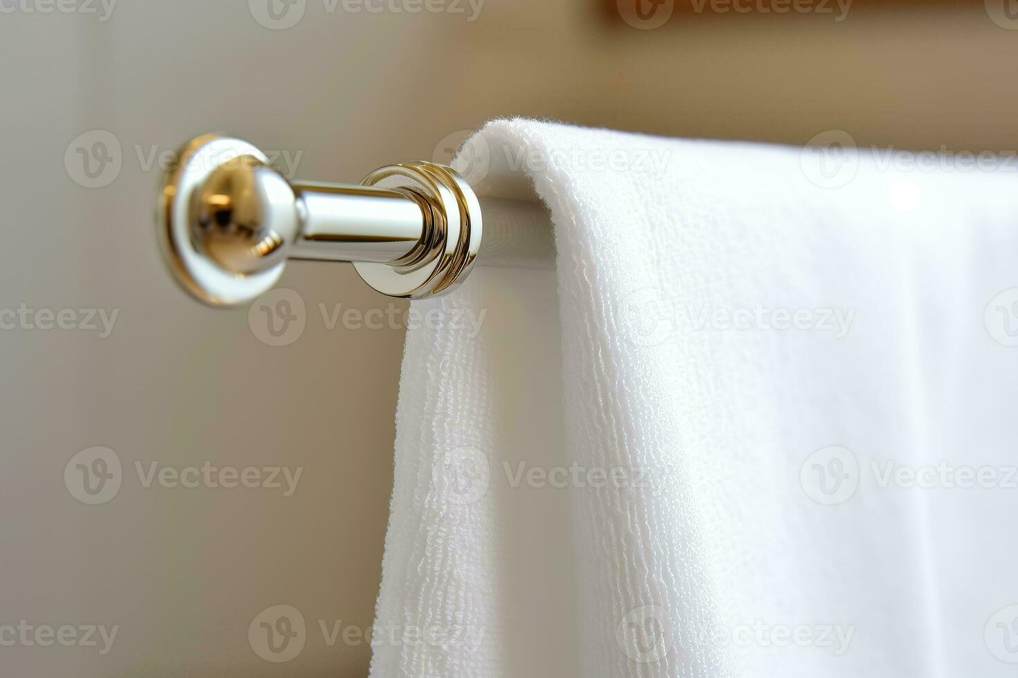 A closeup of a pristine white towel hanging on a polished metal rod Generative AI photo