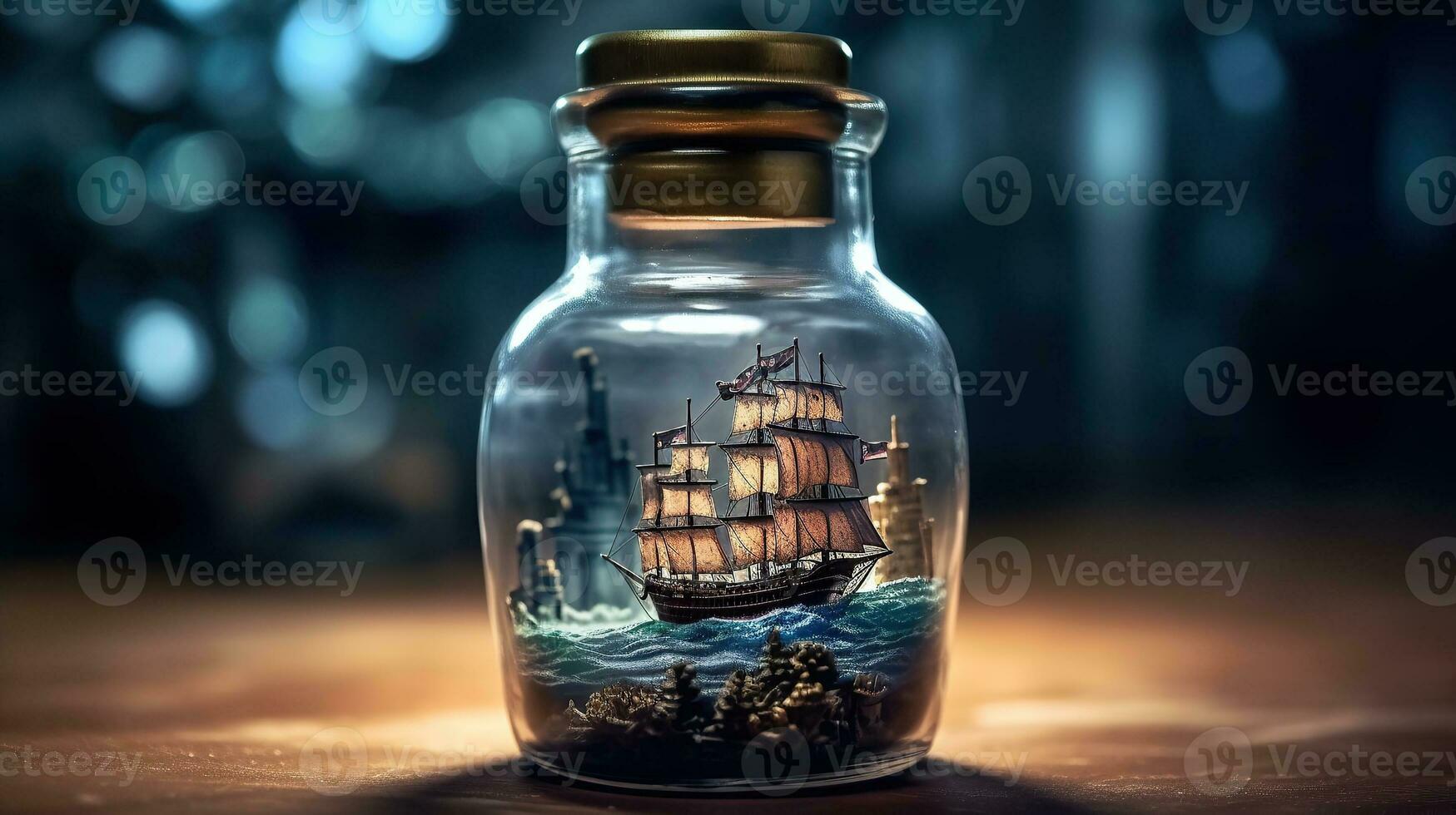 photo close up old ship on bottle Generative AI