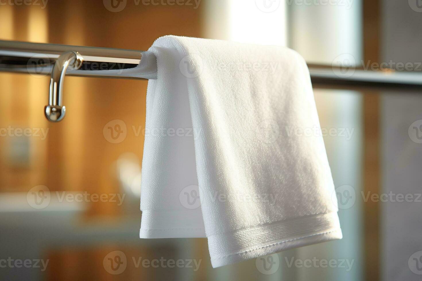A closeup of a pristine white towel hanging on a polished metal rod Generative AI photo