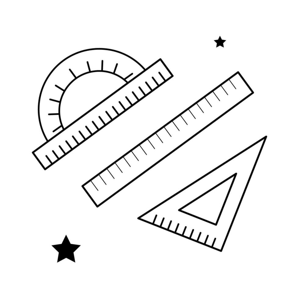Isolated doodle ruler, triangle, protractor black and white. Outline vector Icon school supplies. Simple elements for icon, cover, print, poster, card, web element, card for children.