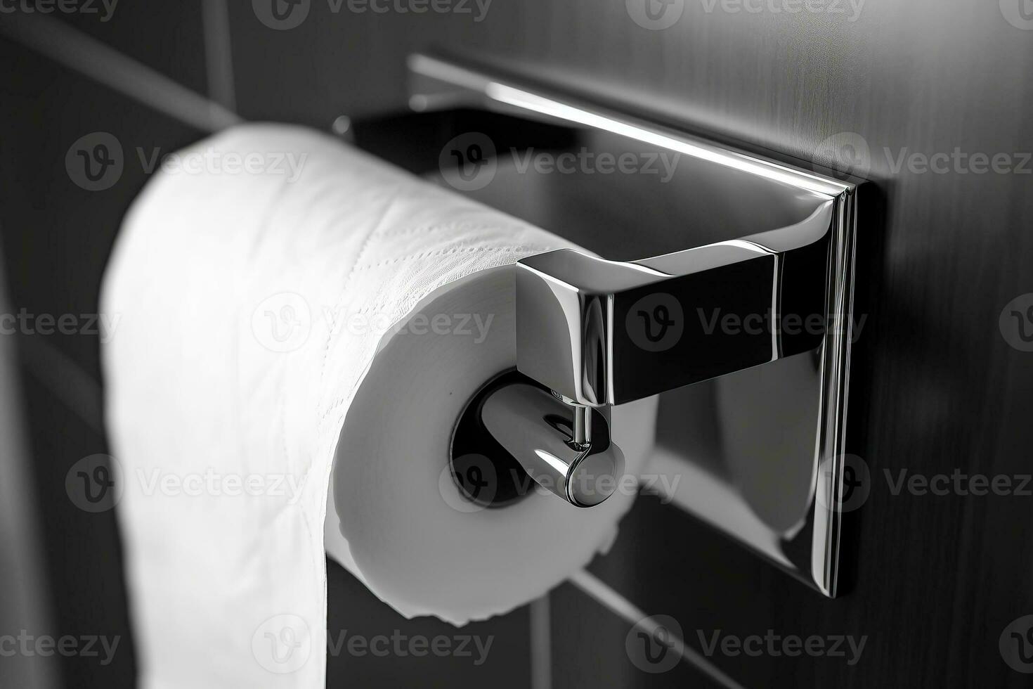 A close - up of a minimalist toilet paper holder, featuring a sleek metal design Generative AI photo
