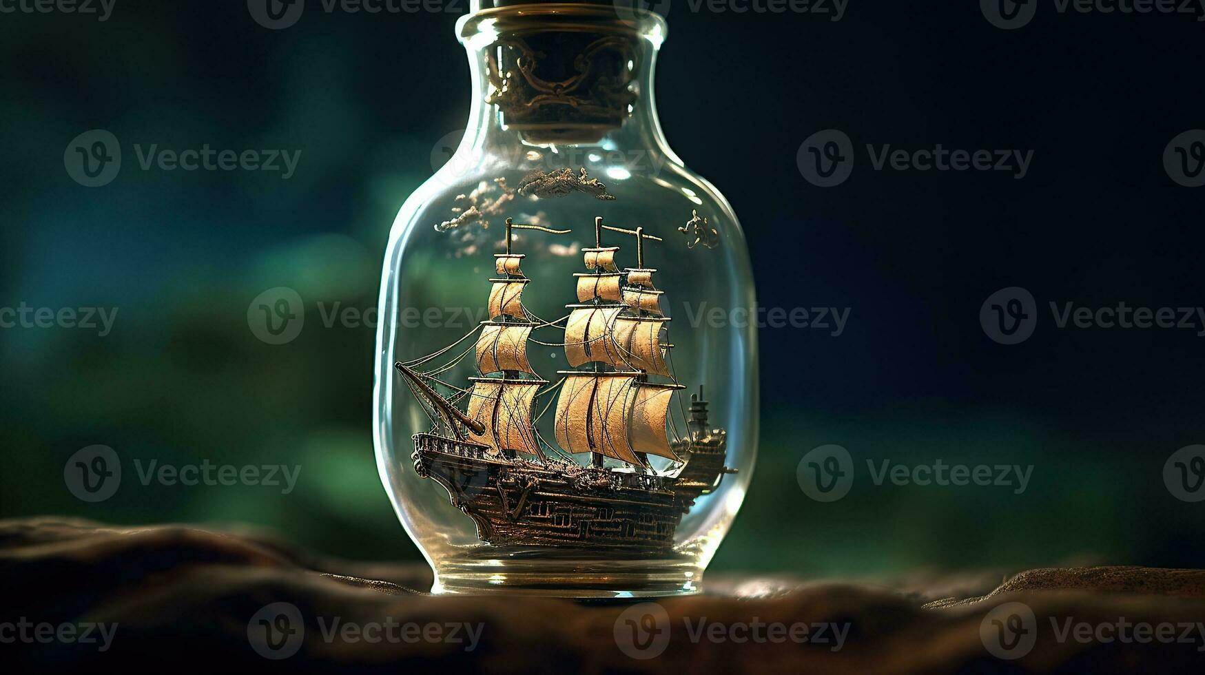 photo close up old ship on bottle Generative AI