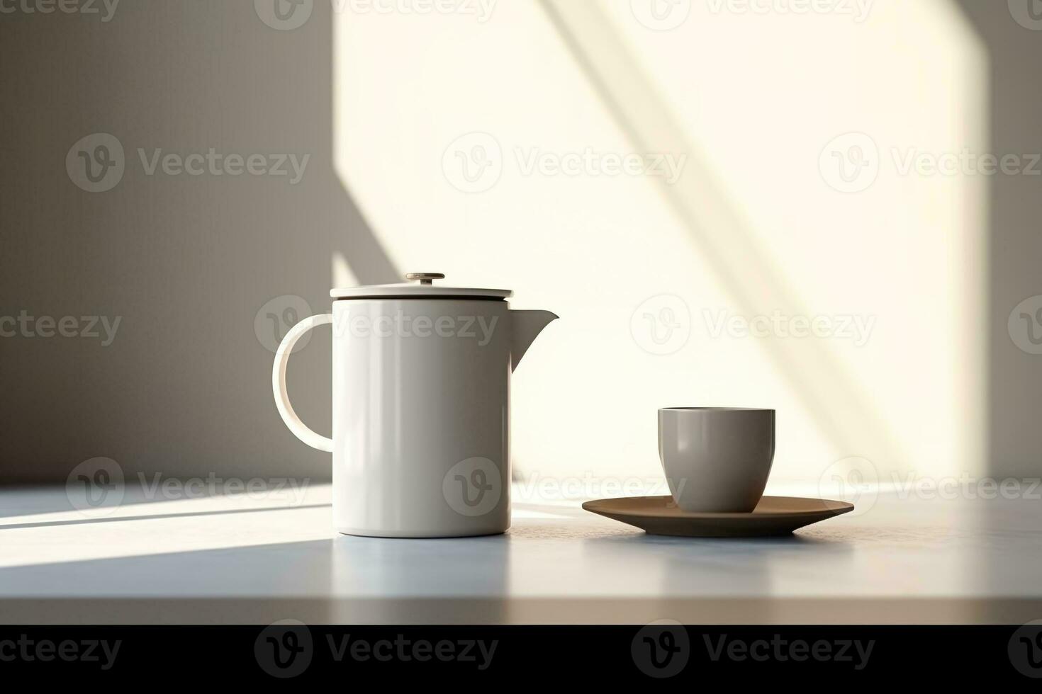 A minimalist scene featuring a ceramic coffee mug and a French press, with the focus on the brewing process Generative AI photo