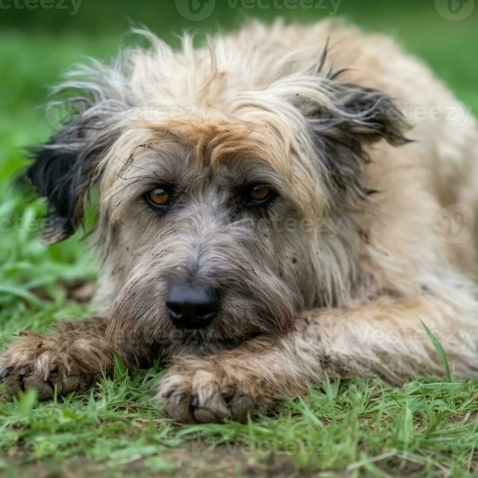 A sad, dirty dog lies on the grass. AI generated. World Homeless Animals Day photo