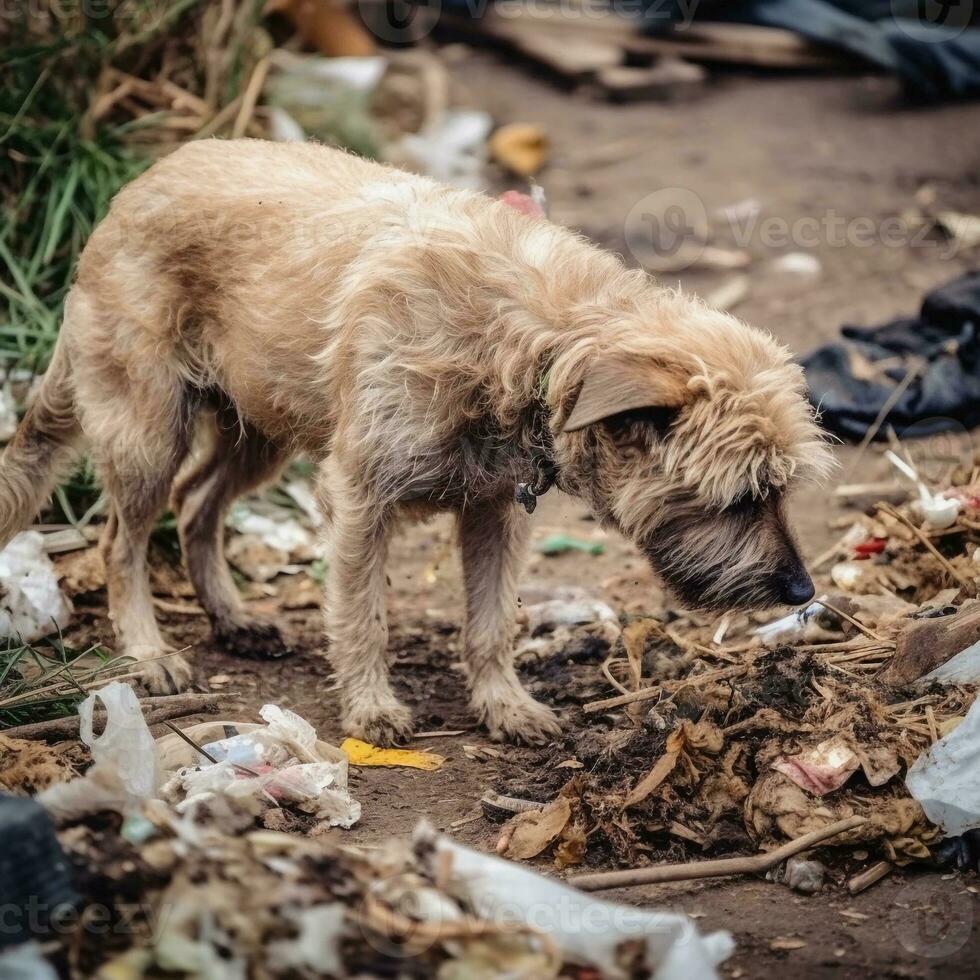 Sad, dirty dog near the garbage. Generated by Artificial Intelligence. World Homeless Animals Day. A hungry animal is looking for food photo