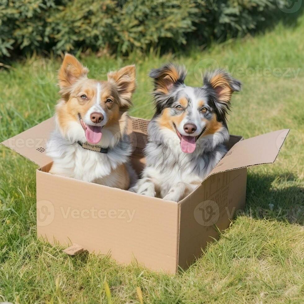 gracioso perros en un caja. mascotas. generado por artificial inteligencia mundo Vagabundo animales día foto