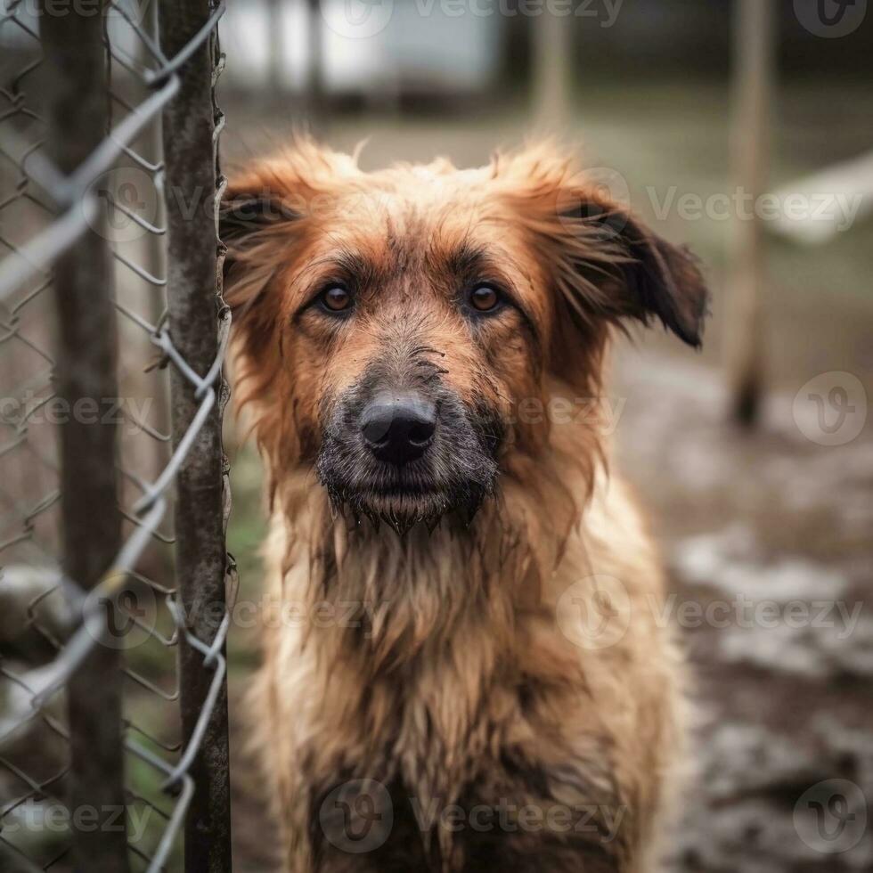 Sad dog behind the fence. AI generated. World Homeless Animals Day. Cell photo