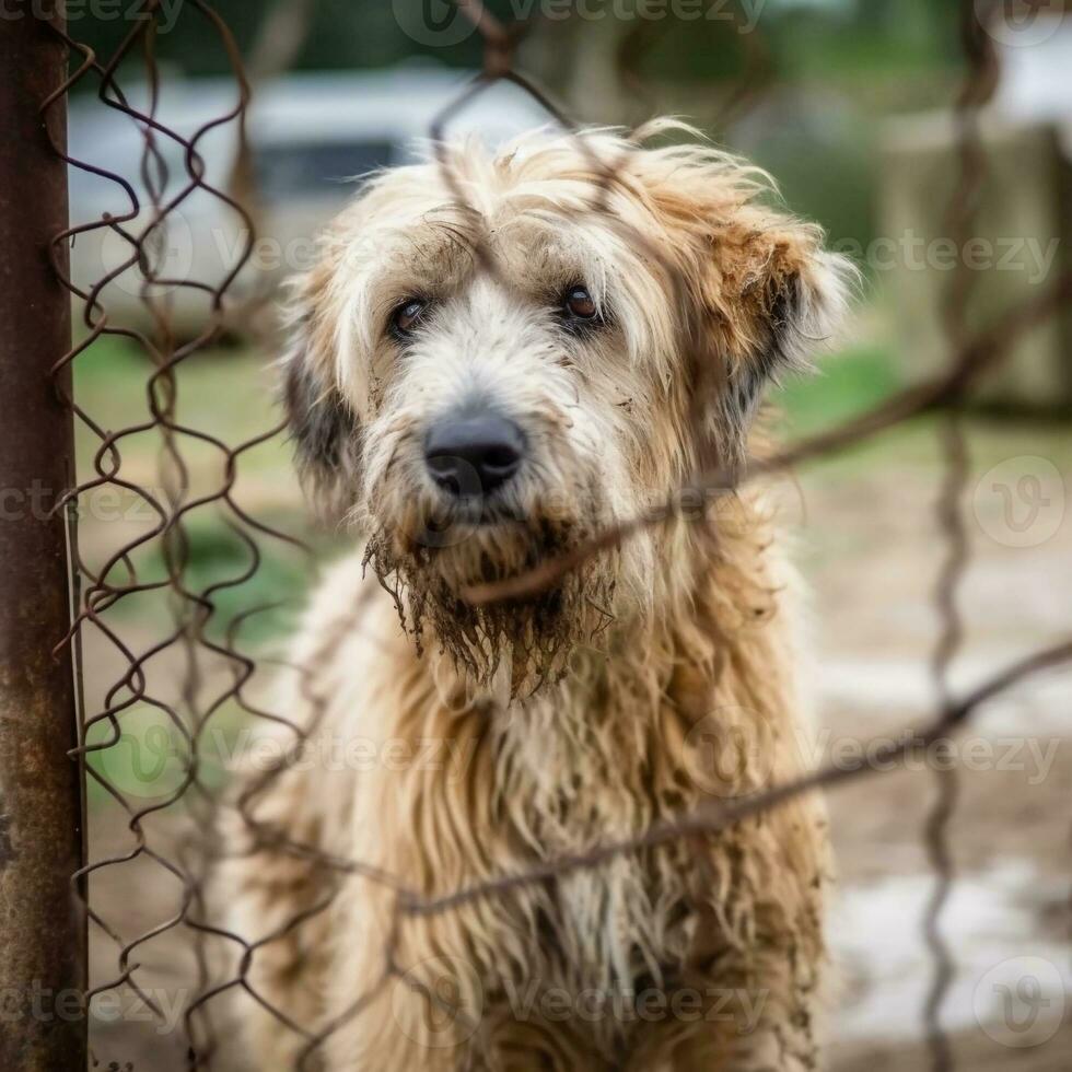 Sad dog behind the fence. AI generated. World Homeless Animals Day. Cell photo