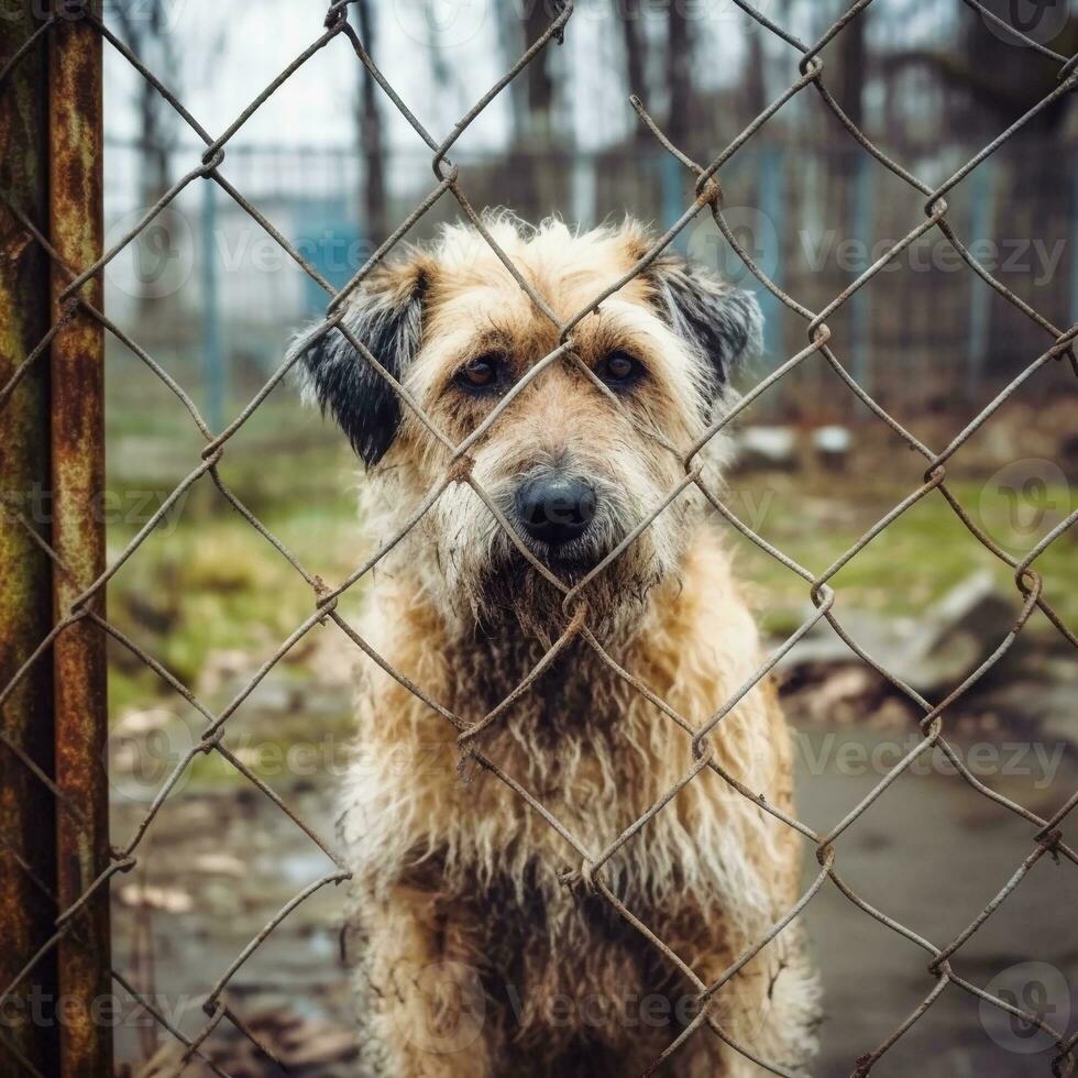 Sad dog behind the fence. Generated by Artificial Intelligence. World Homeless Animals Day. Cell photo