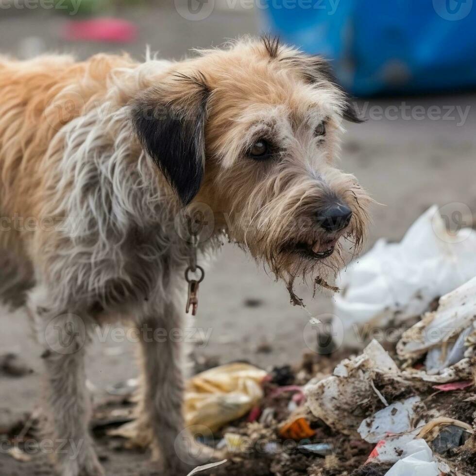 Sad, dirty dog near the garbage.Generated by Artificial Intelligence. . World Homeless Animals Day. A hungry animal is looking for food photo