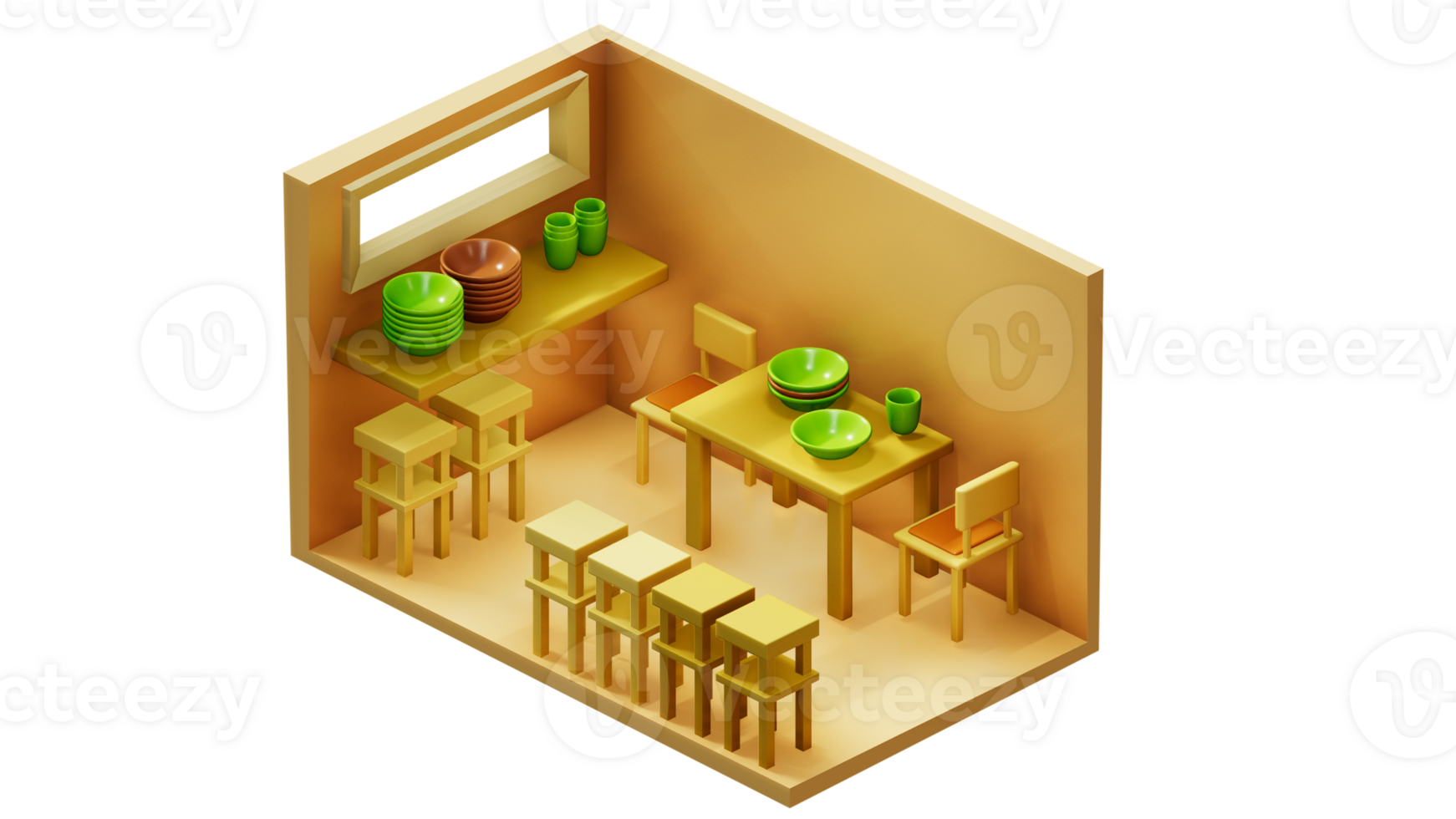 3D rendering of isometric room with wooden table and chairs png