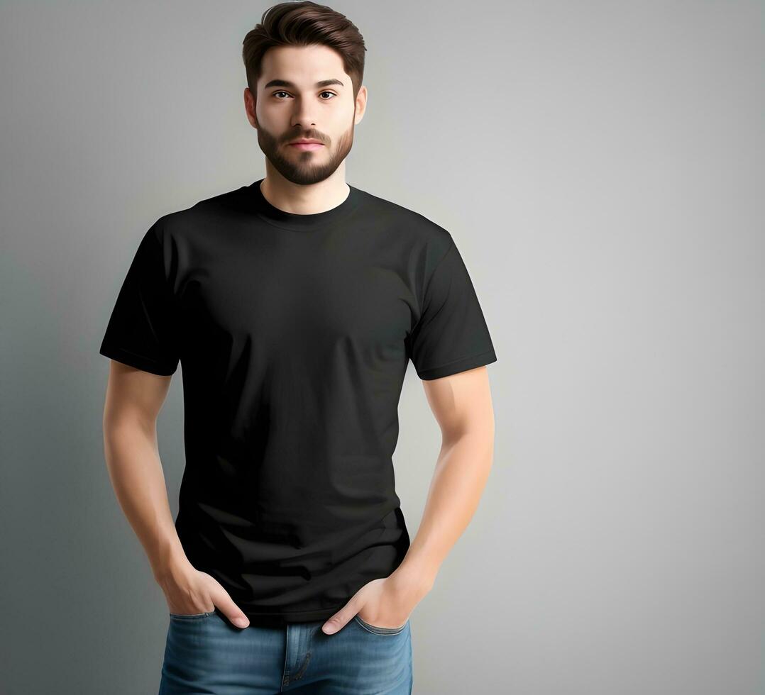 Young man wearing blank black t shirt mockup print presentation mockup ai generate photo