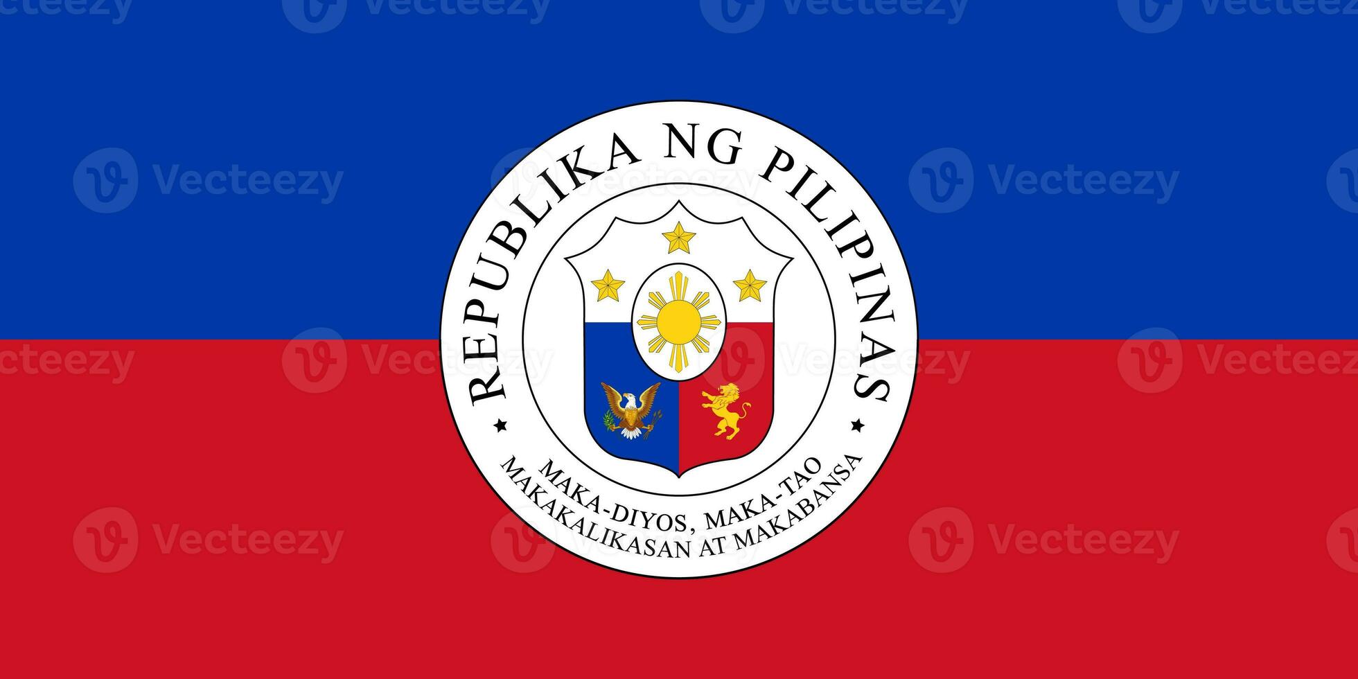 The official current flag and coat of arms of Republic of the Philippines. State flag of Philippines. Illustration. photo