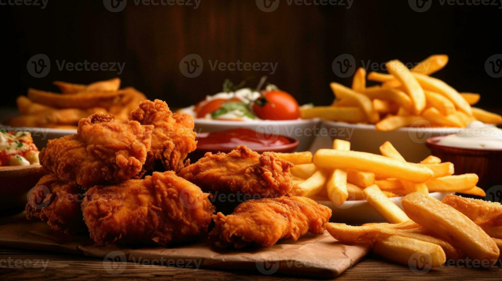 Fried chicken with french fries and nuggets meal - junk food and unhealthy food on wooden table. Generative Ai photo