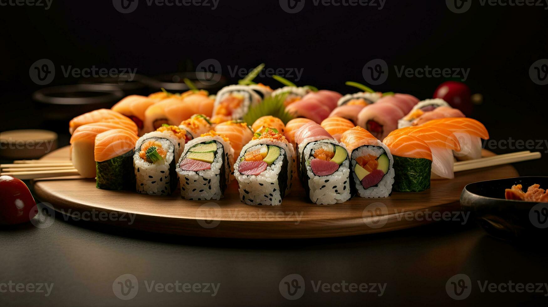 Crunchy maki o a sushi plate in restaurant. Japanese food. Generative Ai photo