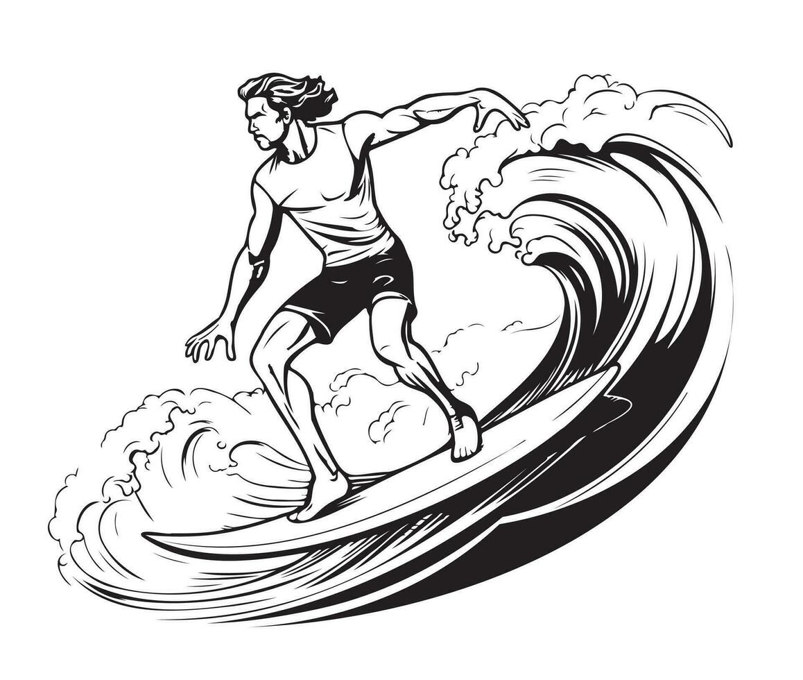 surfer and big wave. engraving style. vector illustration.