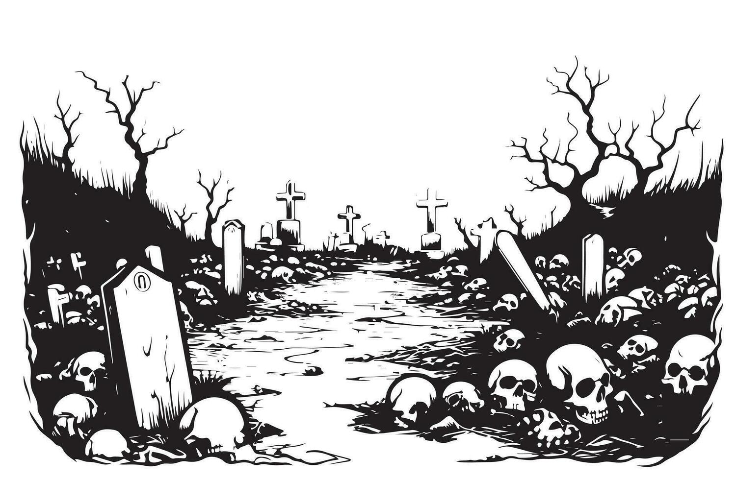 Retro cemetery sketch hand drawn Vector illustration Halloween