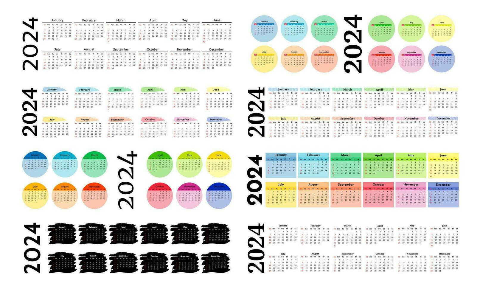 Set of eight horizontal calendars for 2024 isolated on a white background. Sunday to Monday, business template. Vector illustration