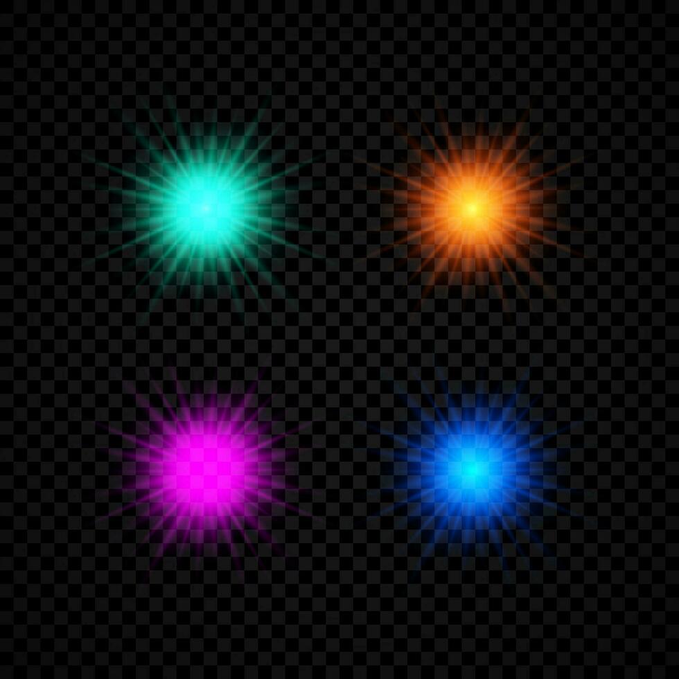 Light effect of lens flares. Set of four green, orange, purple and blue glowing lights starburst effects with sparkles on a dark background. Vector illustration