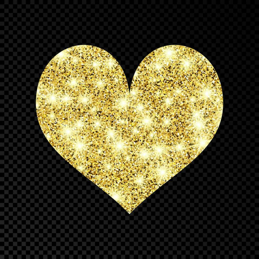 Gold glittering heart on dark background. Background with gold sparkles and glitter effect. Vector illustration