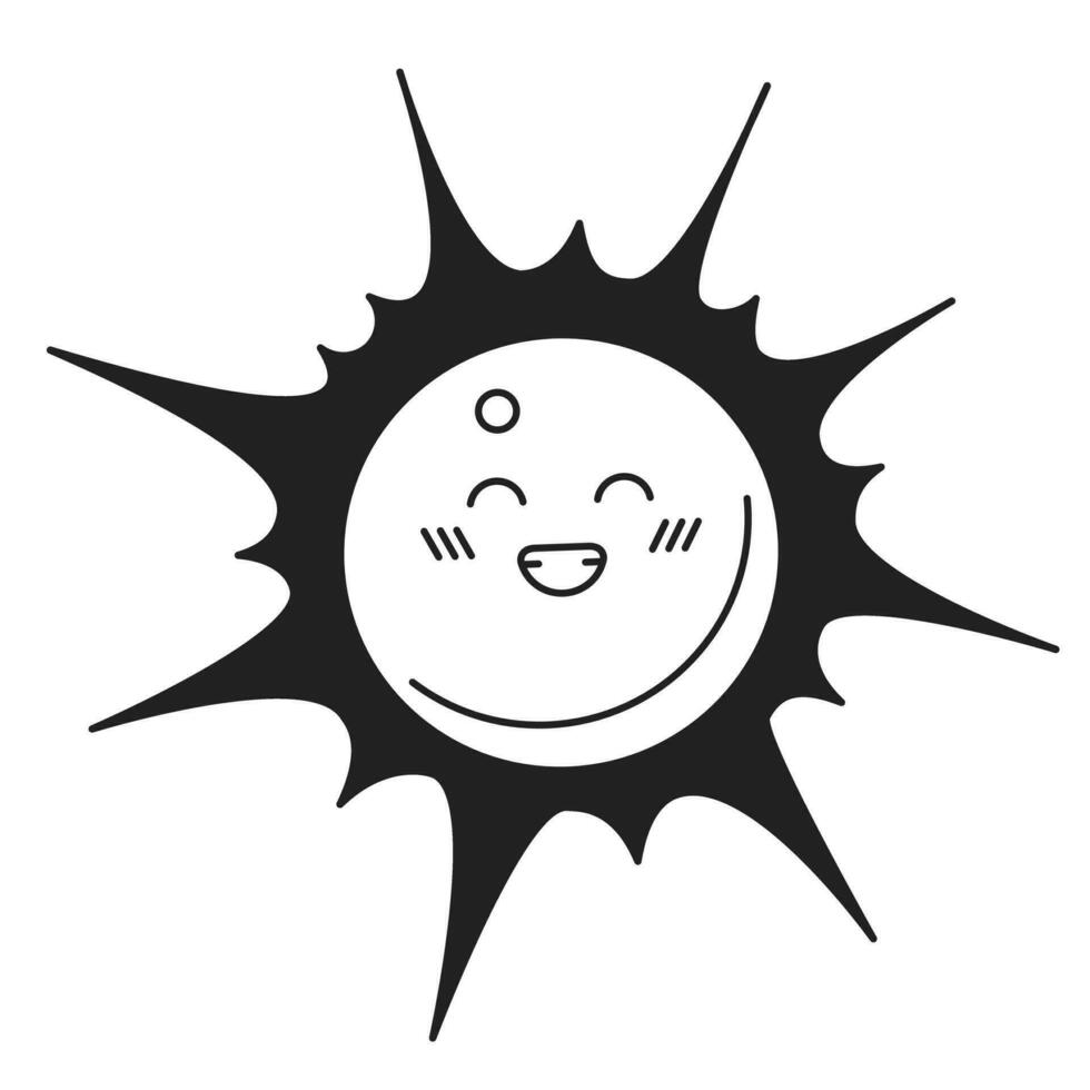Grinning sun head black and white 2D cartoon character. Happiness toothy smile sunshine isolated vector outline personage. Summer weather. Smiling sunny monochromatic flat spot illustration