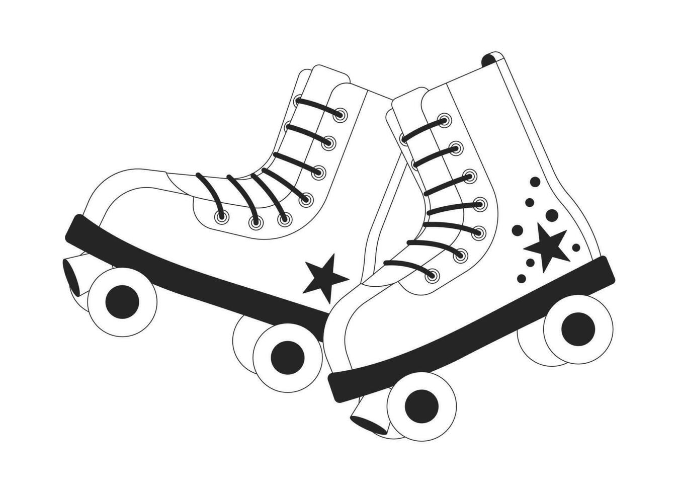 Old fashioned roller skates 80s black and white 2D line cartoon object. Leisure activity 90s accessory isolated vector outline item. Trendy vintage footwear monochromatic flat spot illustration