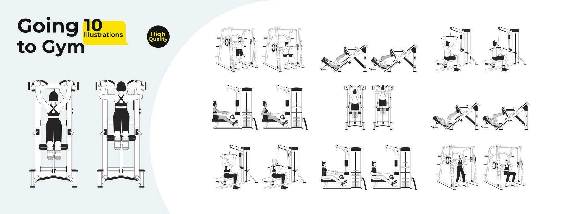 Gym sports training black and white cartoon flat illustration bundle. Diverse sportswoman sportsman 2D lineart characters isolated. Machines workout monochrome scenes vector outline image collection