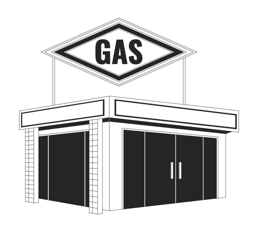 gas estación conveniencia Tienda negro y blanco 2d línea dibujos animados objeto. gasolina estación tienda aislado vector contorno artículo. repostaje servicios, mini mercado edificio monocromo plano Mancha ilustración