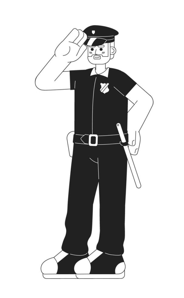 Male police officer smiling black and white cartoon flat illustration. Caucasian adult policeman job linear 2D character isolated. Cop uniform. Enforcement law order monochromatic scene vector image