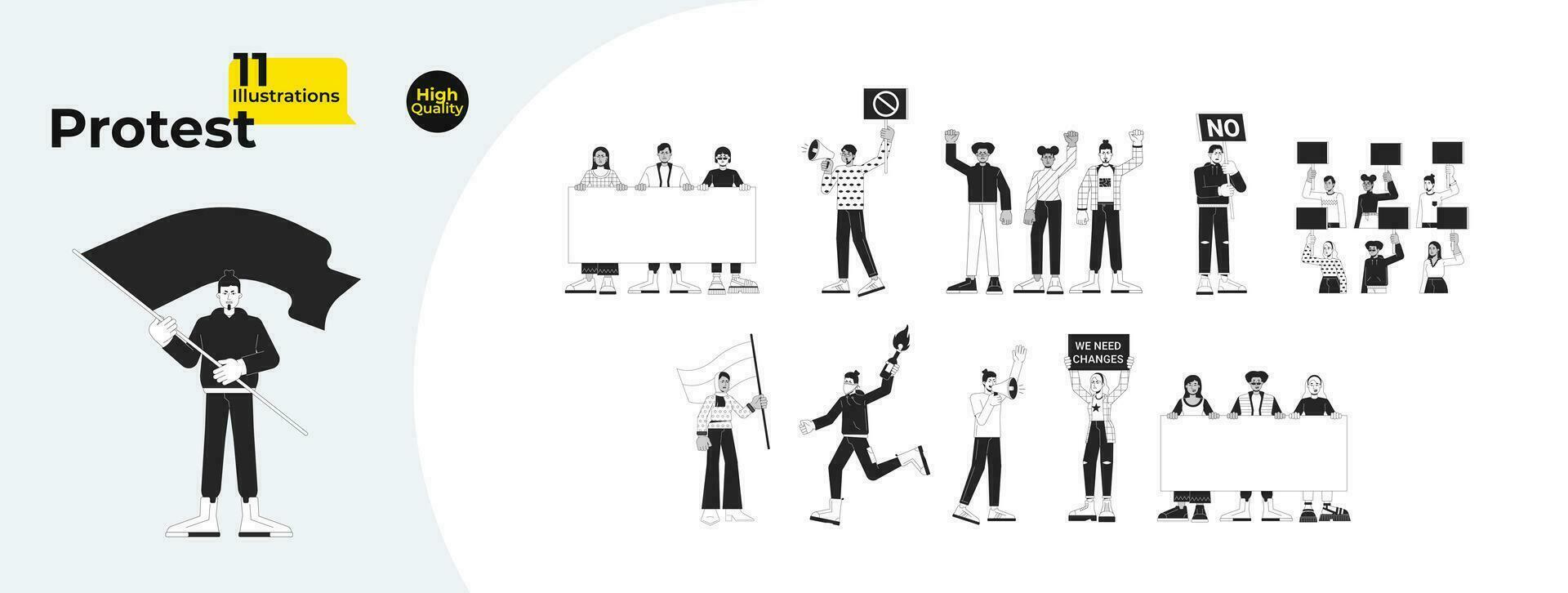 Protest demonstration black and white cartoon flat illustration bundle. Multicultural people hold placards 2D lineart characters isolated. Social justice monochrome vector outline image collection