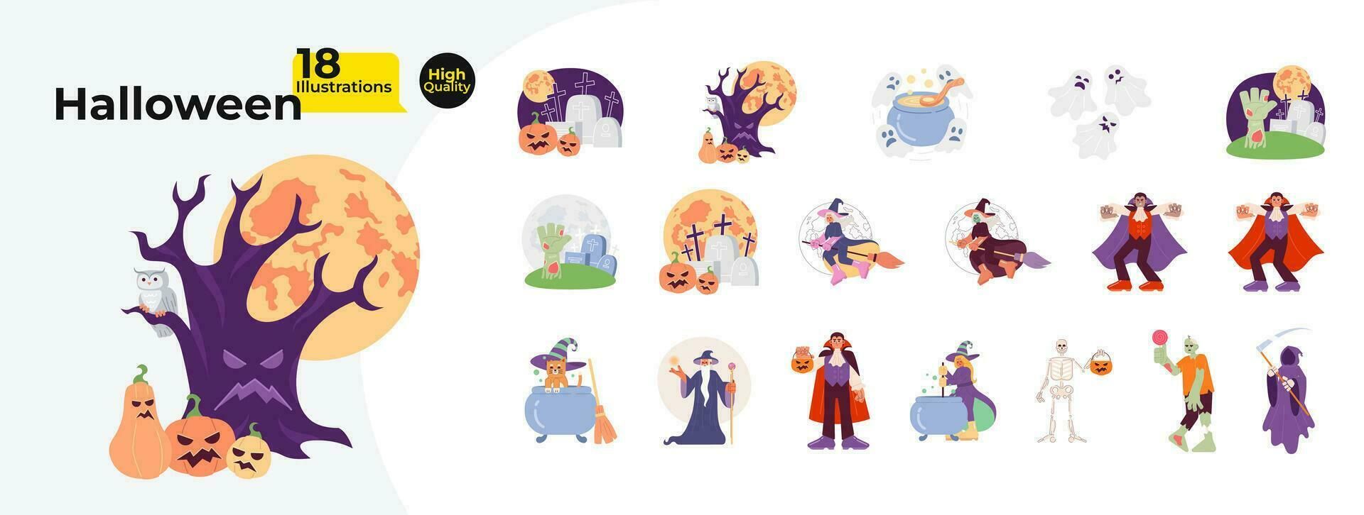 Halloween traditional cartoon flat illustration bundle. Scary pumpkins, wicked witch, vampire male, zombie 2D characters isolated on white background. Graveyard tombstone vector color image collection