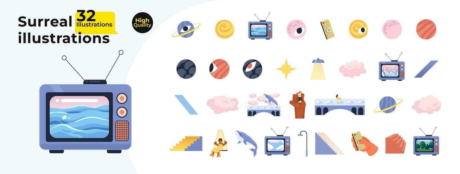 Surreal dreamy 2D cartoon objects bundle. Cosmic eyeball planets, retro tv isolated vector items white background. Fluffy clouds, steps staircase, cosmos space color flat spot illustration collection