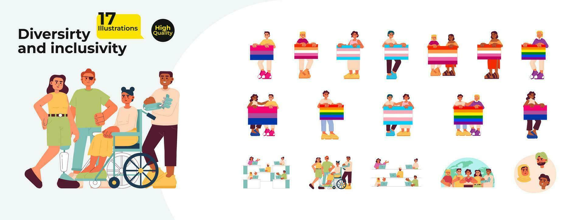 LGBTQ inclusive diverse young adults cartoon flat illustration bundle. Diversity colleagues, LGBT pride 2D characters isolated on white background. People with disabilities vector color image pack