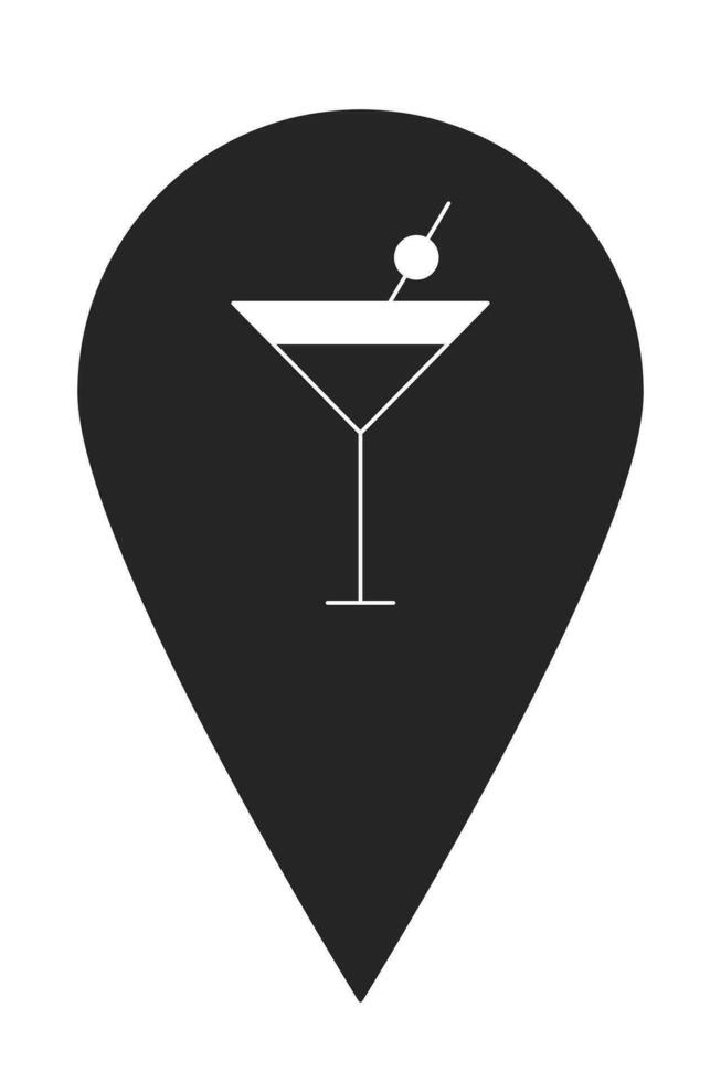 Club nocturno cóctel bar mapa determinar con precisión negro y blanco 2d línea dibujos animados objeto. martini vaso ubicación marca aislado vector contorno artículo. alcohol bebida bar alfiler cartografía monocromo plano Mancha ilustración