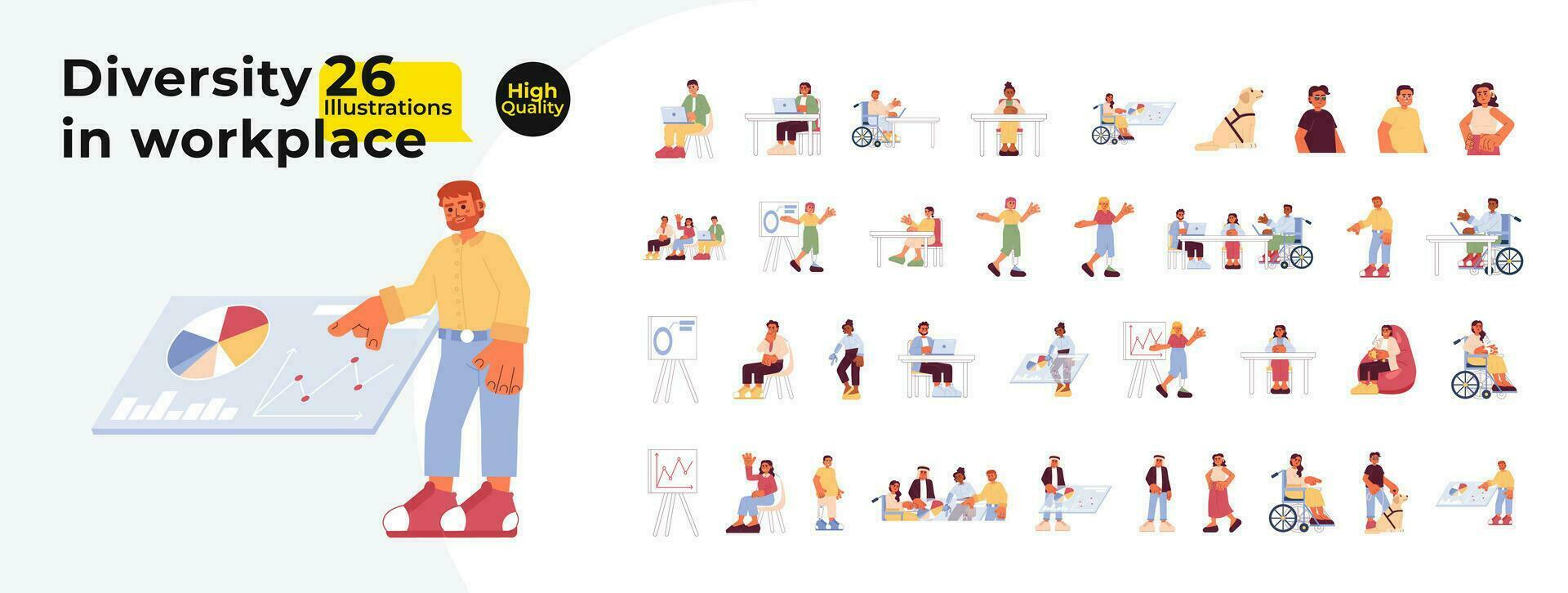 Diverse employees coworkers multicultural cartoon flat illustration bundle. Diversity colleagues inclusive people 2D characters isolated on white background. Professional vector color image collection