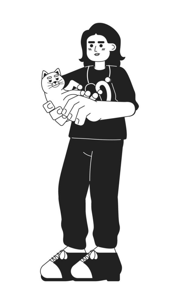 Female vet cat black and white cartoon flat illustration. Stethoscope veterinarian woman middle eastern carrying pet linear 2D character isolated. Veterinary doctor monochromatic scene vector image