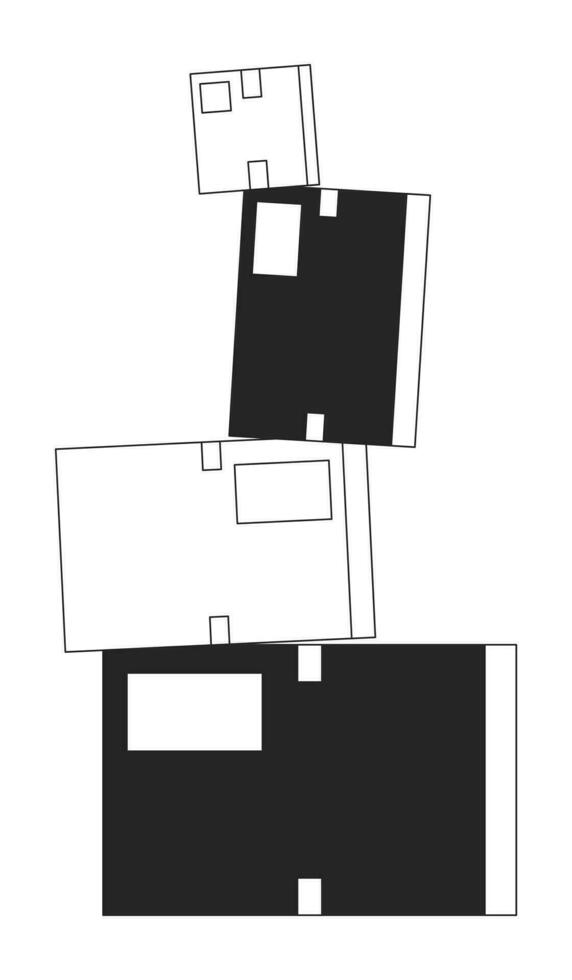 inestable pila de cartulina cajas negro y blanco 2d línea dibujos animados objeto. inestable apilado parcelas aislado vector contorno artículo. precario arreglando paquetes monocromo plano Mancha ilustración