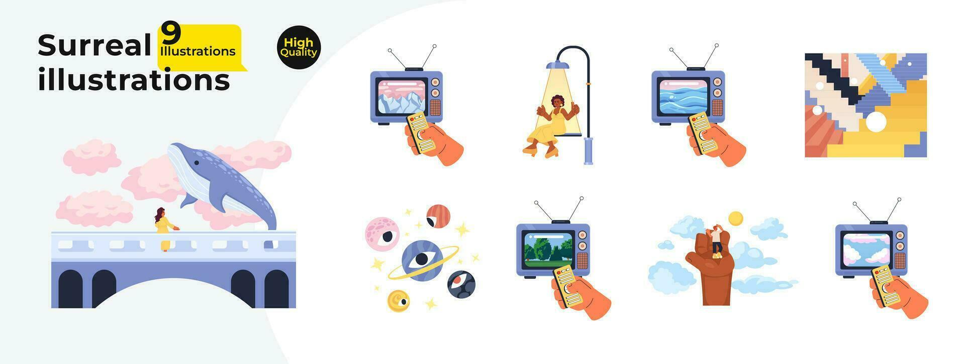 Surreal retro pastel 2D illustration concepts bundle. Eyeball planets, watch television isolated cartoon scenes, white background. Surrealism vintage metaphor abstract flat vector graphic collection
