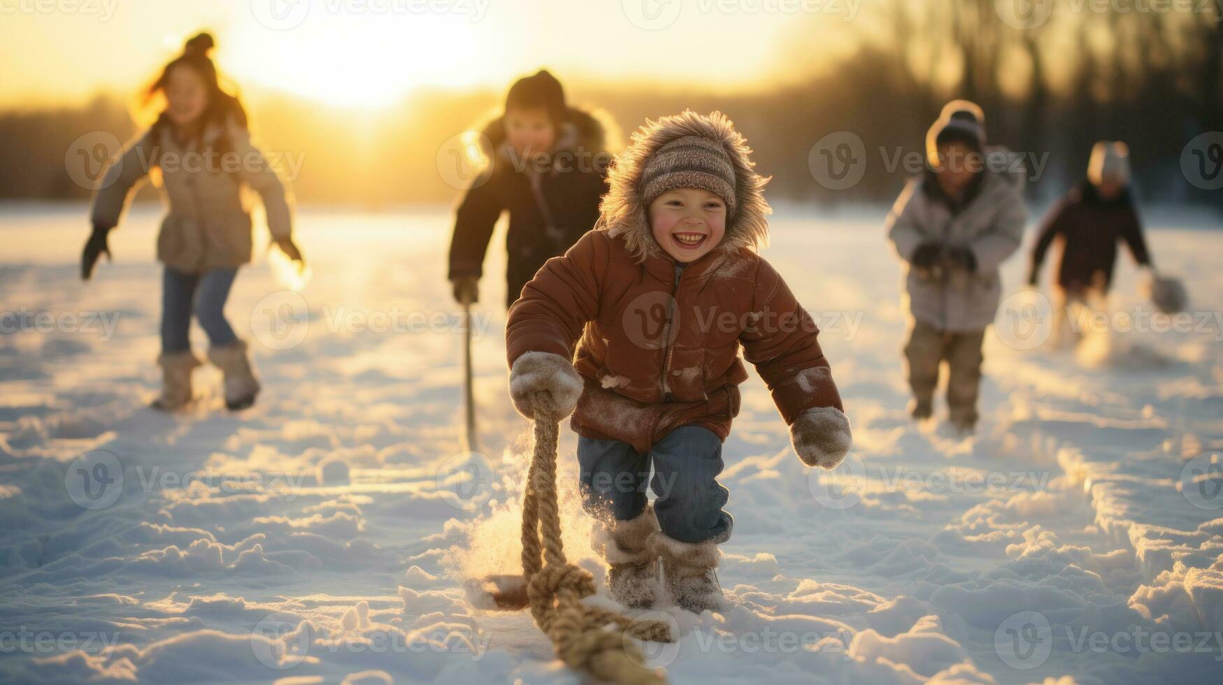 Group of happy children having fun, play tug of war on snow in winter park at sunset. photo