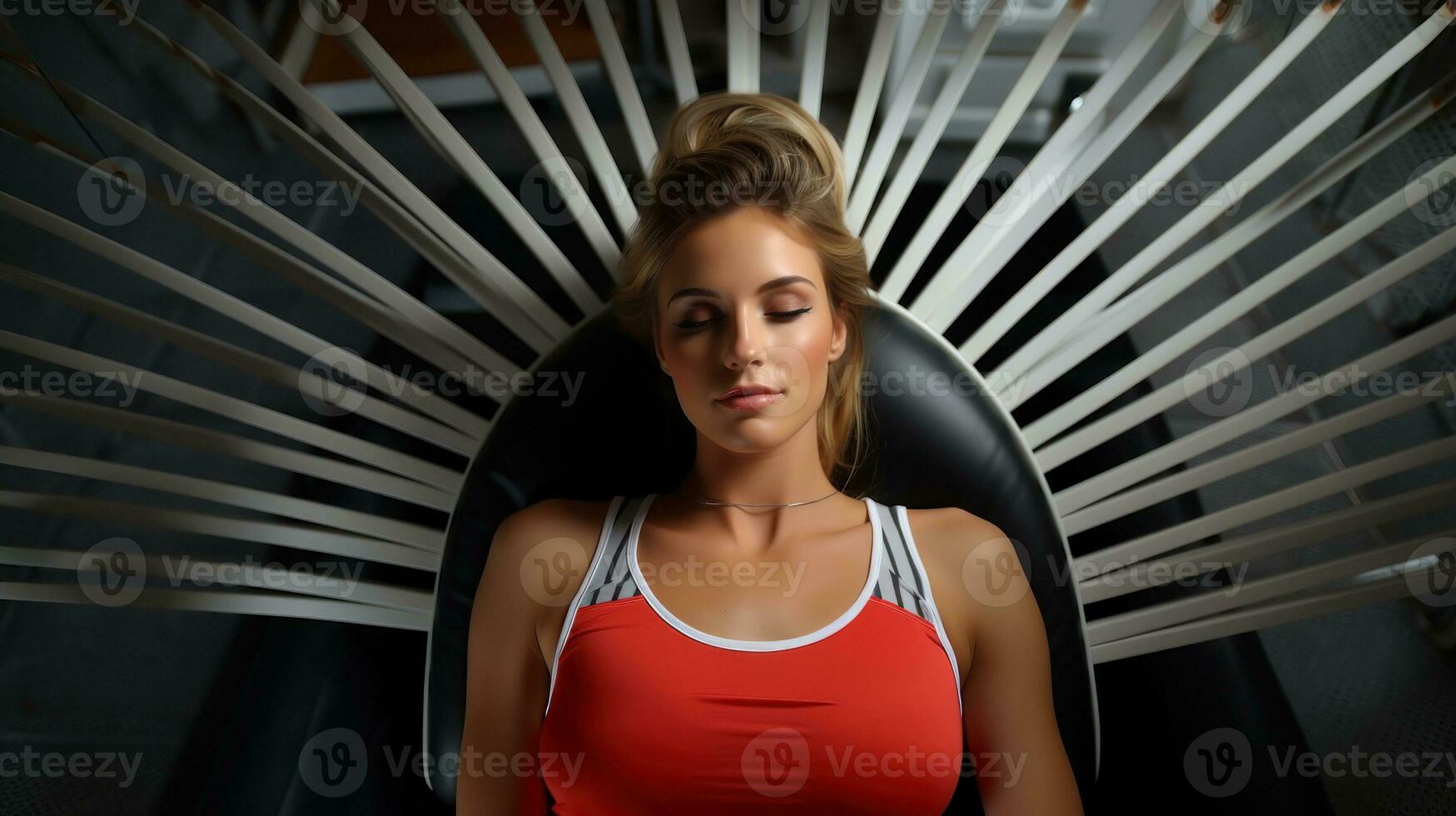 Portrait of a beautiful young woman in sportswear lyuing on massage gym chair. photo