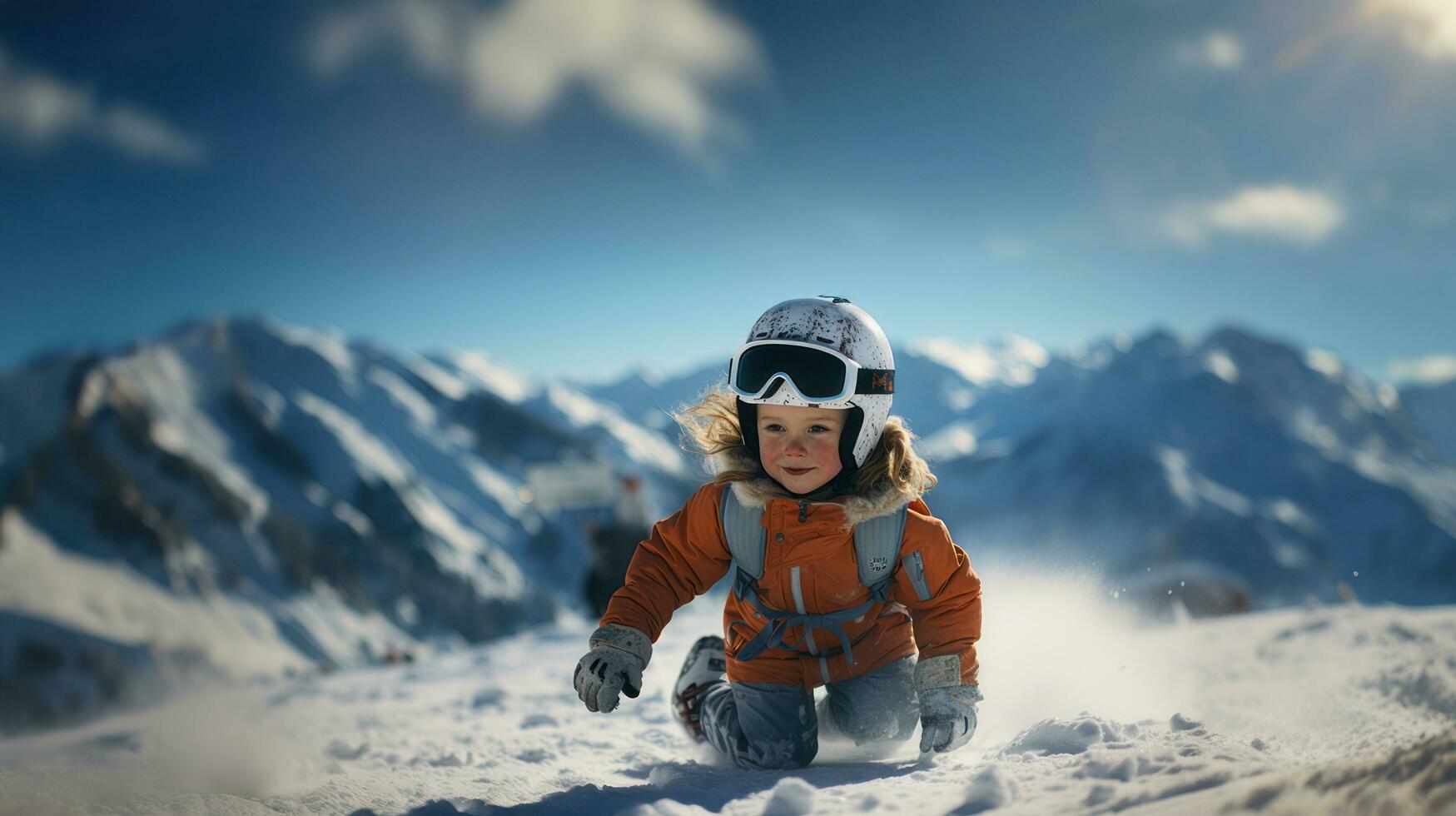 Little girl having fun on snow in mountains. Winter vacation concept. photo