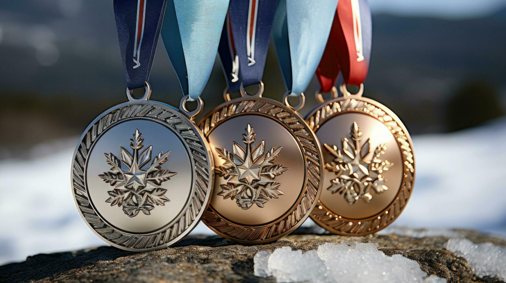 Three medals gold, silver and bronze with ribbons and snowflakes on a log. Winter competitions. photo