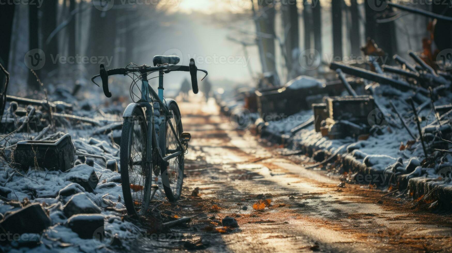 bicicletas en el la carretera en el invierno bosque con basura. basura como un social problema de sociedad y humano cultura. foto