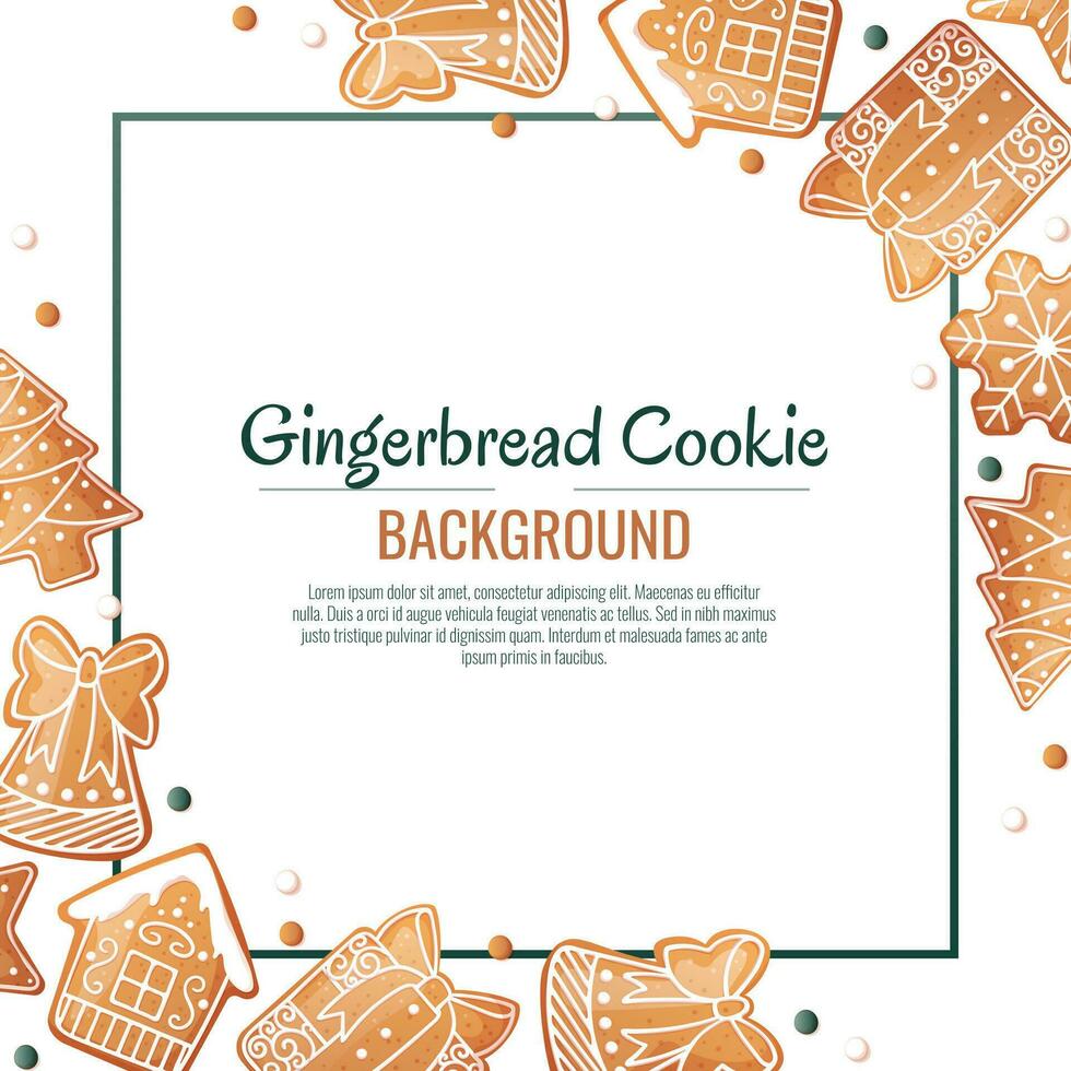 Christmas background with gingerbread house, gift, snowflake, fir tree. Greeting card with cookies in glaze. Flyer, banner poster for invitation vector