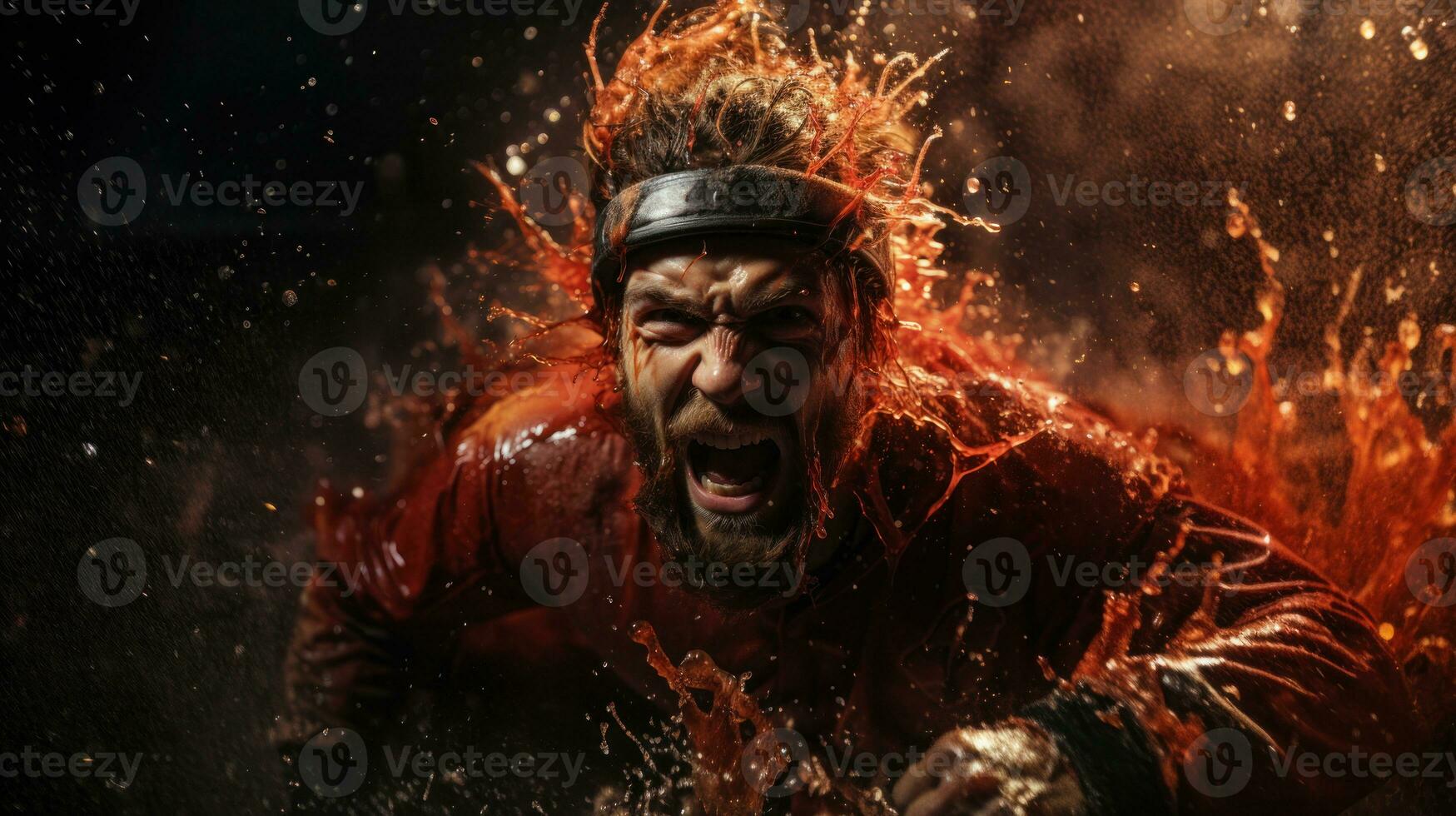 Frightened, desperate man runs through the task during survival game. photo