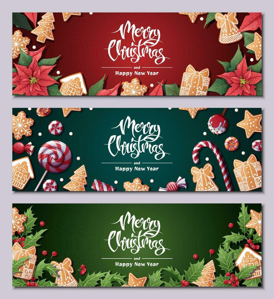 Set of Festive banner with fir branches, gingerbread cookies, candies, poinsettia, holly. Christmas background with gingerbread. Suitable for greeting cards, banners, posters, flyers for New Year vector